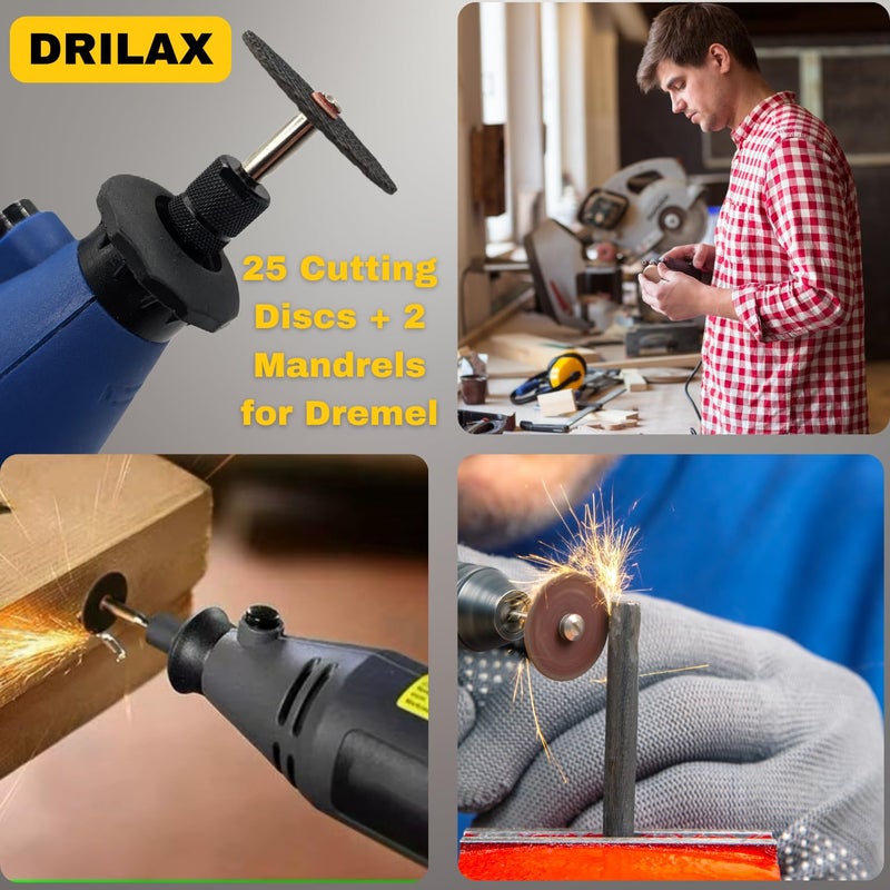 Drilax Rotary Tool Cutting Discs for Metal 25 Pcs Cut Off Wheels for Rotary Cutting Tool, Double Fiberglass Reinforced Cut Off Tool Set with 2 Pcs Mandrels Compatible with Dremel Cutting Discs - Image 2